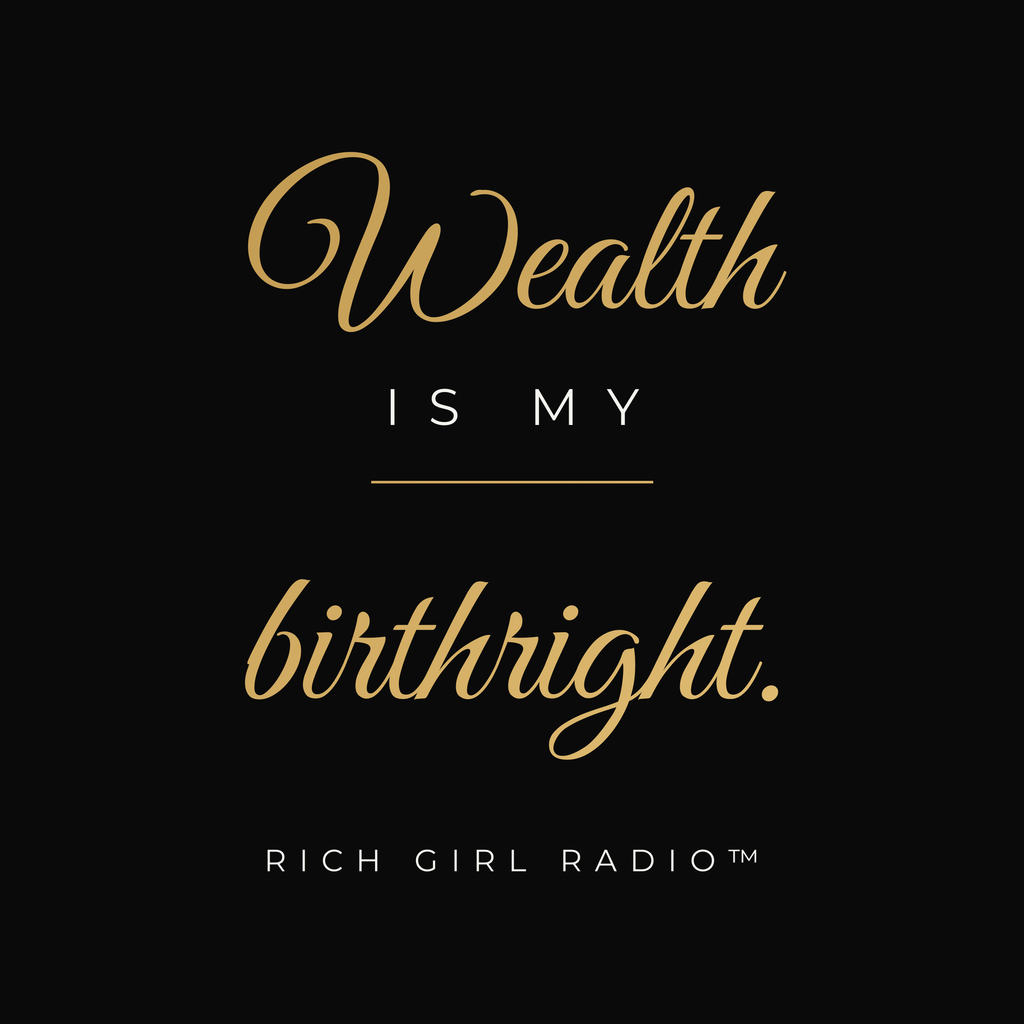 1. Black 15oz Wealth Is My Birthright affirmation mug with gold script, handle on the right
2. Black and gold Rich Girl Radio Wealth Is My Birthright coffee mug, handle on the left
3. Back of black money affirmation mug with gold key design
