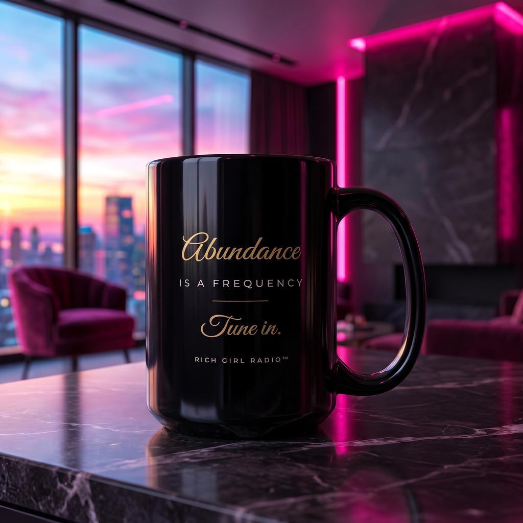 Abundance Is a Frequency Mug — Inspirational Black Ceramic Coffee Cup 15oz