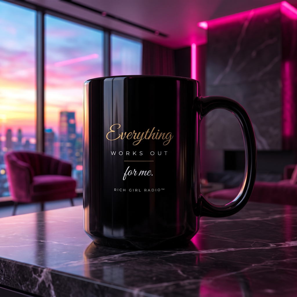 Everything Works Out For Me Black 15oz Mug — Inspirational Gold Script Coffee Cup